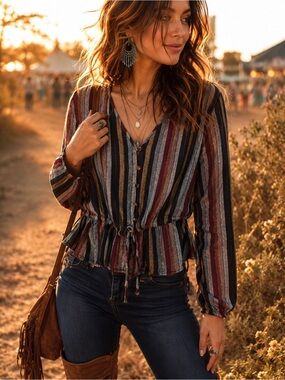 Sandy & Sid Striped Metallic Linen Blend Peplum Boho Blouse S